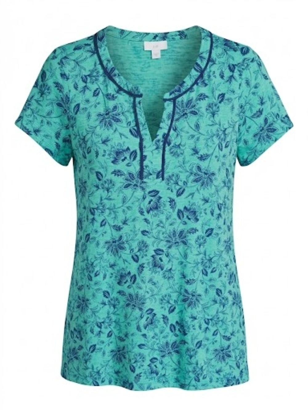 J. Jill Floral Notch Neck Short Sleeve Top Tee Green Blue Size L
